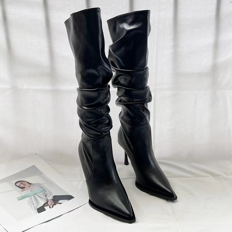 Sier Flat Bottomed Fashionable Pleated Long Grain Over Knee Boots Pointed New Low Heels Women Shoes