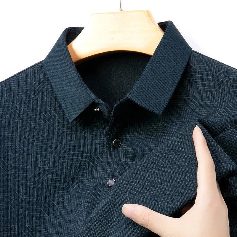 mens business casual long sleeved shirt with badge solid color polo fashionable breathable and comfortable lapel top y250219