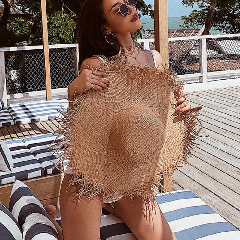 New Summer Womens Natural Cork Lafia Straw Hat Ribbon Bow Shadow Panama Hat Large Wide Brown Girls Vacation Beach Hat W250217