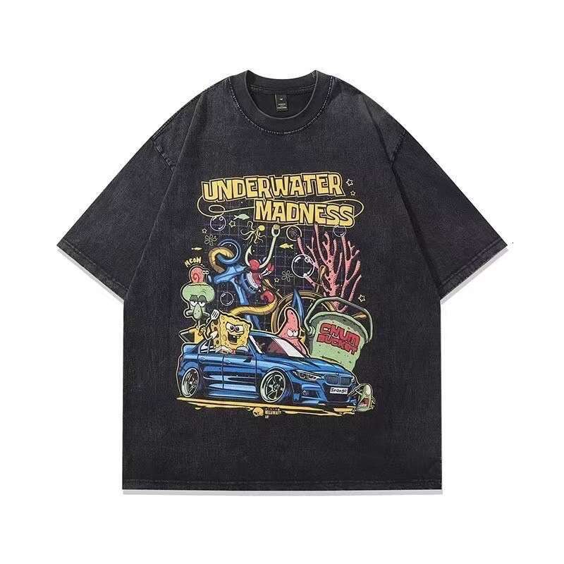 Cartoon anime high street washed vintage printed base shirt for couples hip-hop casual loose short sleeved T-shirt