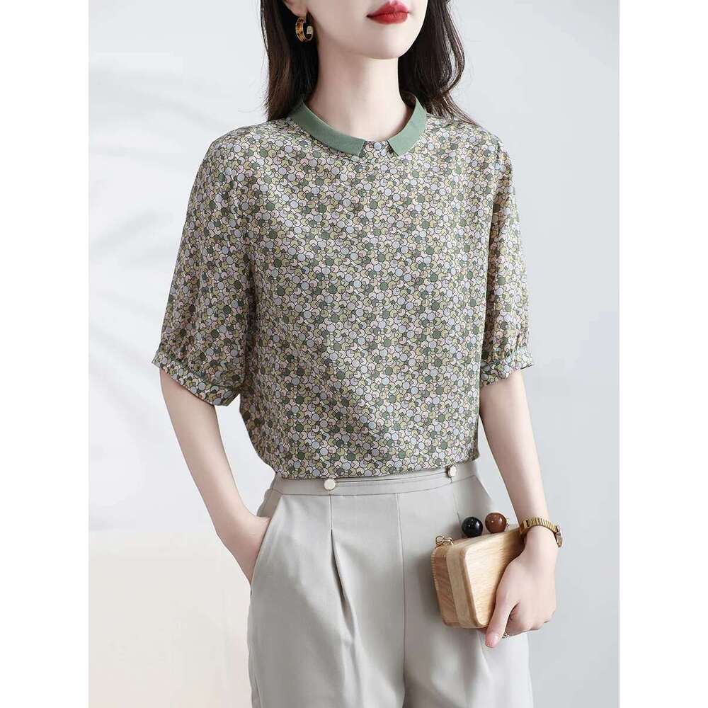 Women's top with half sleeves, fashionable mulberry silk design, waist cinching print, trendy small shirt, stylish summer
