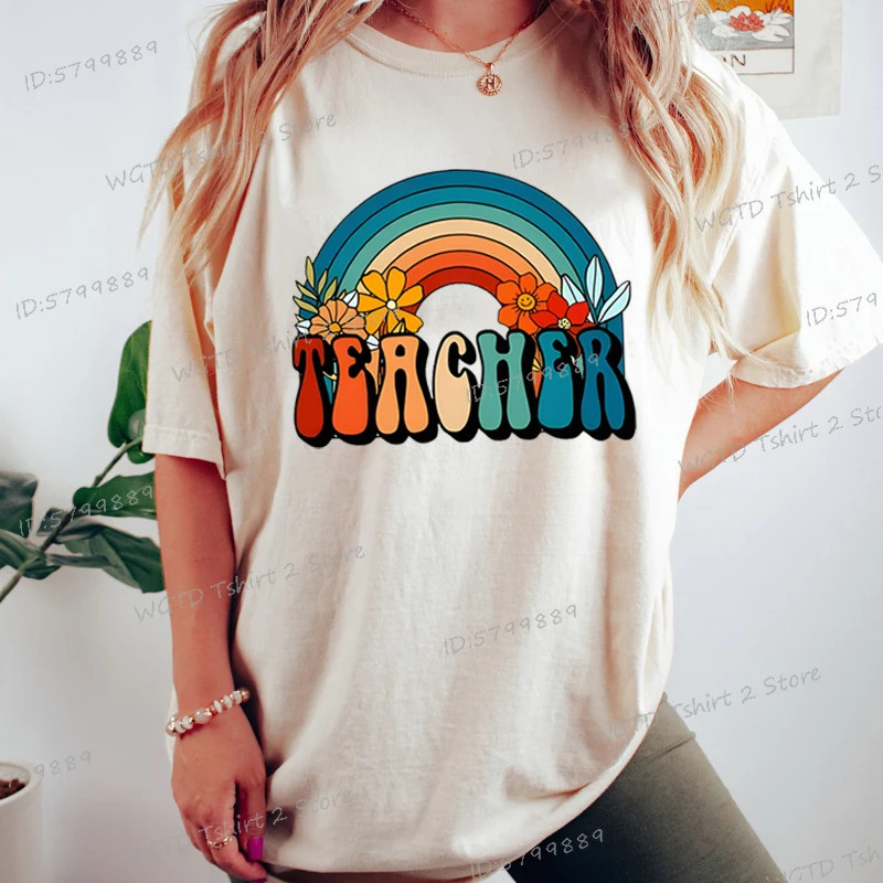 Retro Rainbow Teacher Print T-Shirt Teachers Day Casual Crew Neck Tee Rainbow Flower Shirt n Teacher Life Vintage T Shirts 250217