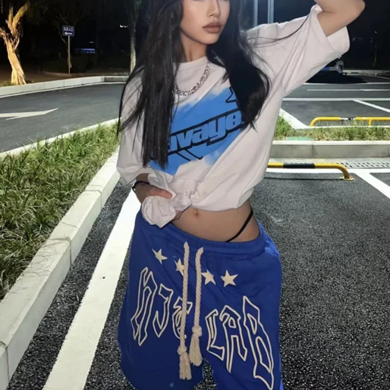Summer Lace-up Y2K Loose Couples Shorts Klein Blue American Vintage Street Elastic Waist Knee Short Sweatpant Women Letter 250210