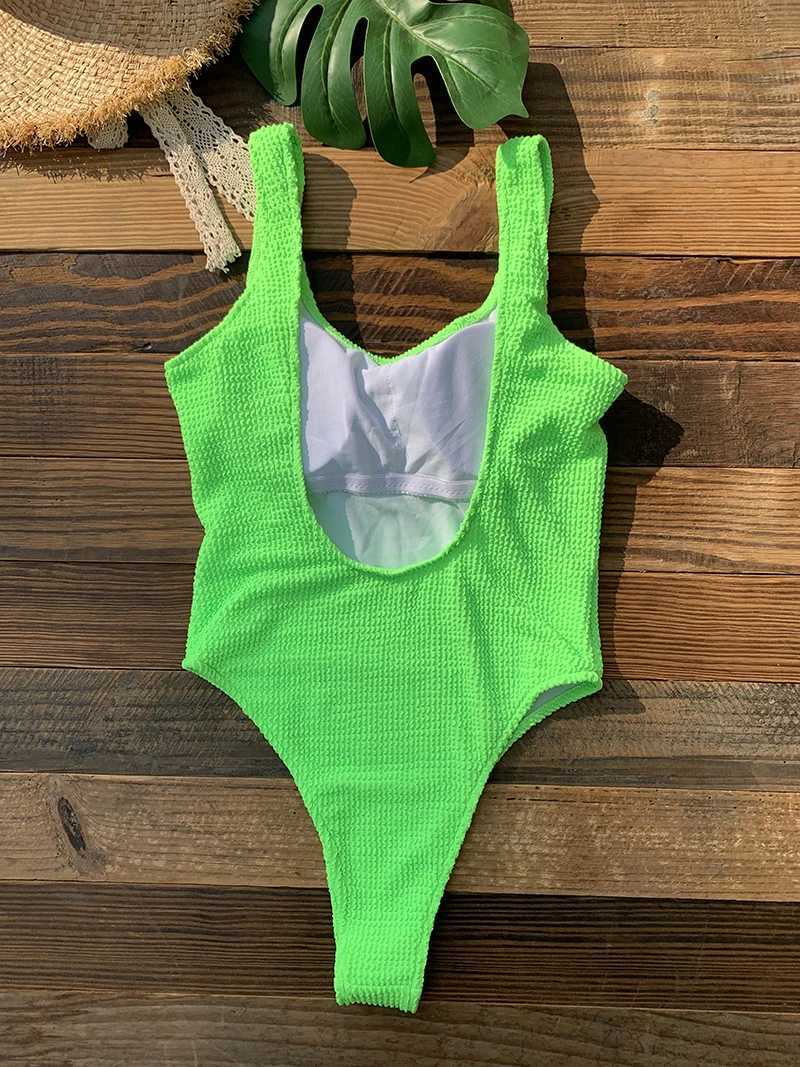 One Piece Swimsuit for Women 2024 New Ribbed Monokini Swimwear Solid Neon Green Bathing Suit Beach Outfits Womens Swim WearT250214