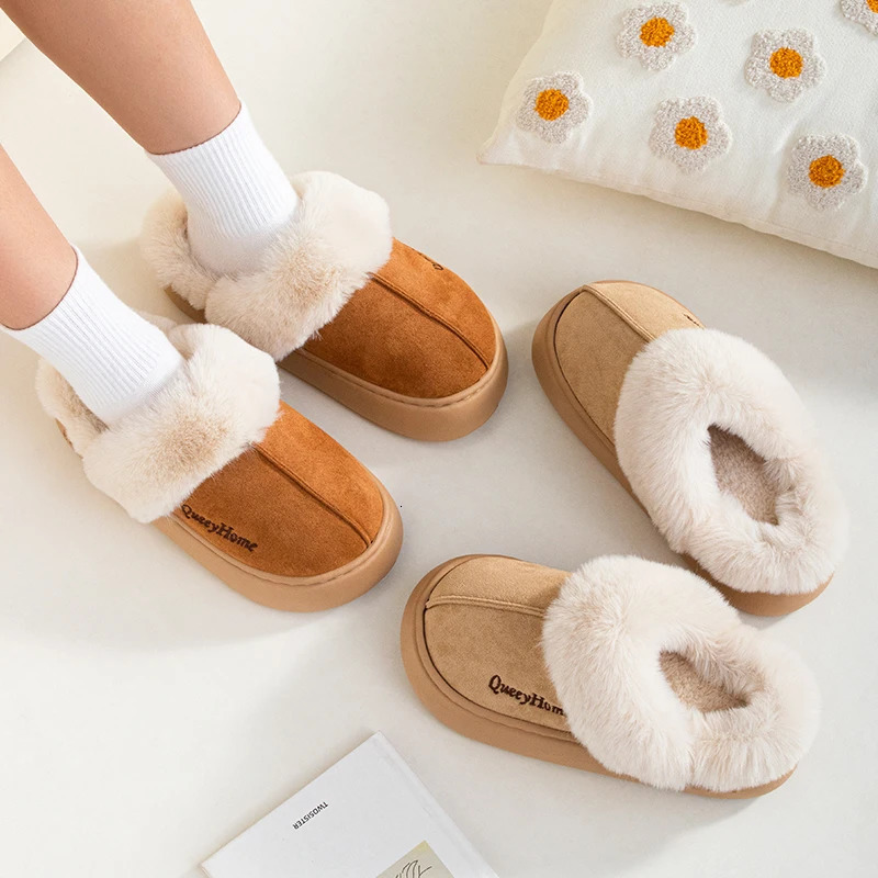 Queeyhome Winter Women Flat-Bottomed Plush Commute Solid Color Versatile Cotton Slippers Warm Cozy Indoor-Outdoor Man Shoes 250213