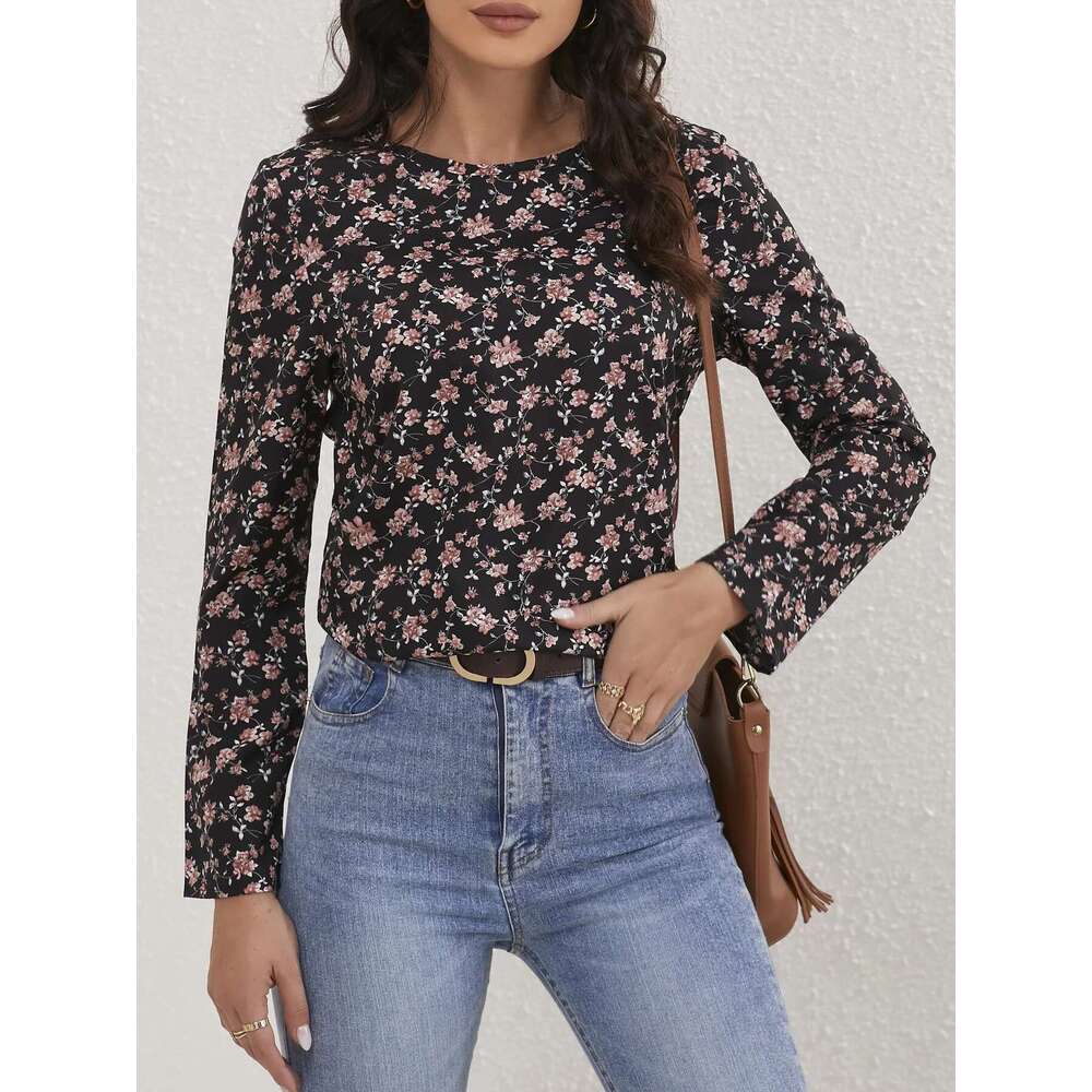 Ladies Ral Print Crew Neck Casual Long Sleeve Blouse Women Tops Shirts