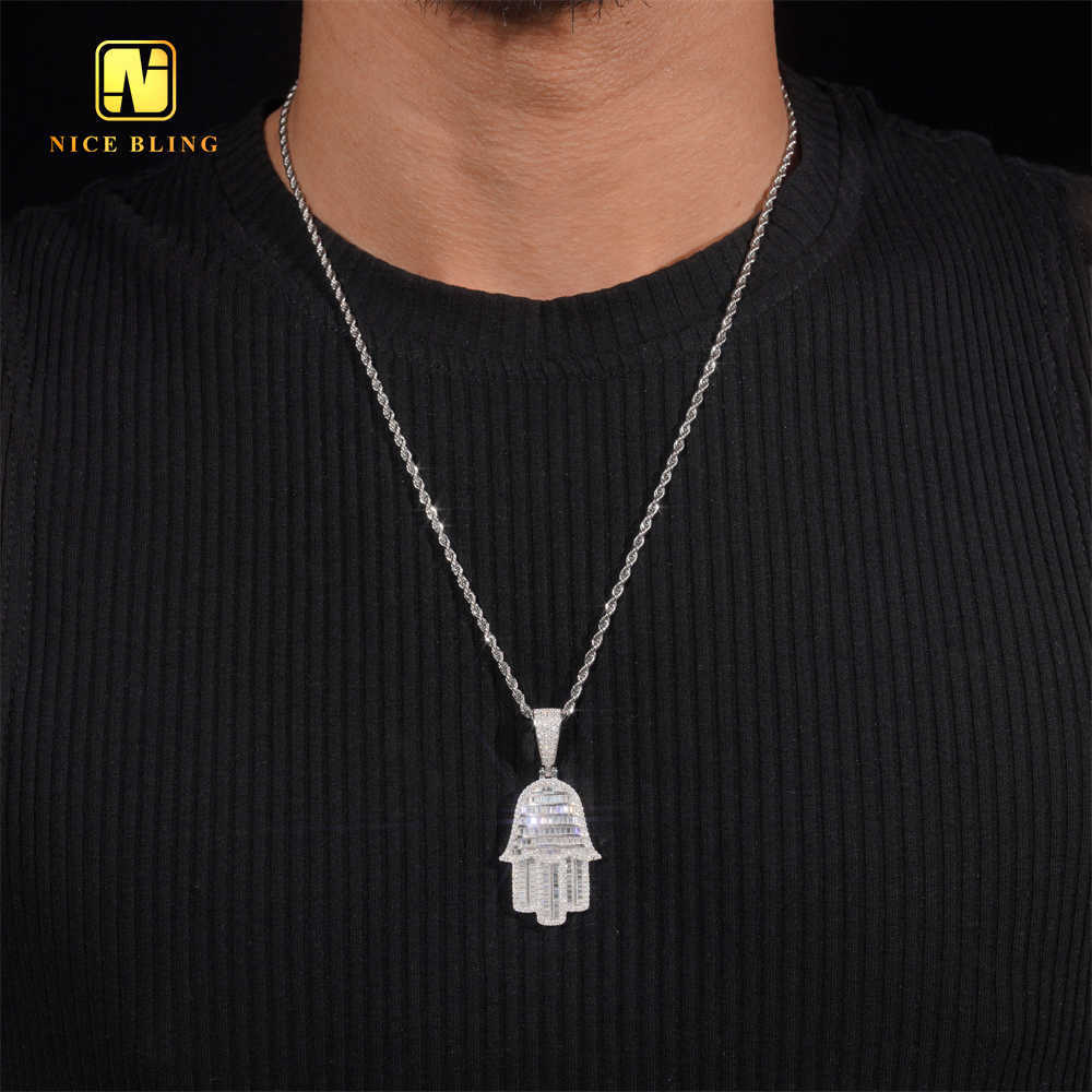 Hamsa Hand Pendant Custom Iced Out Cave Back Fine Hip Hop Jewelry Round Baguette 925 Silver VVS Moissanite Diamond Lucky Pendant