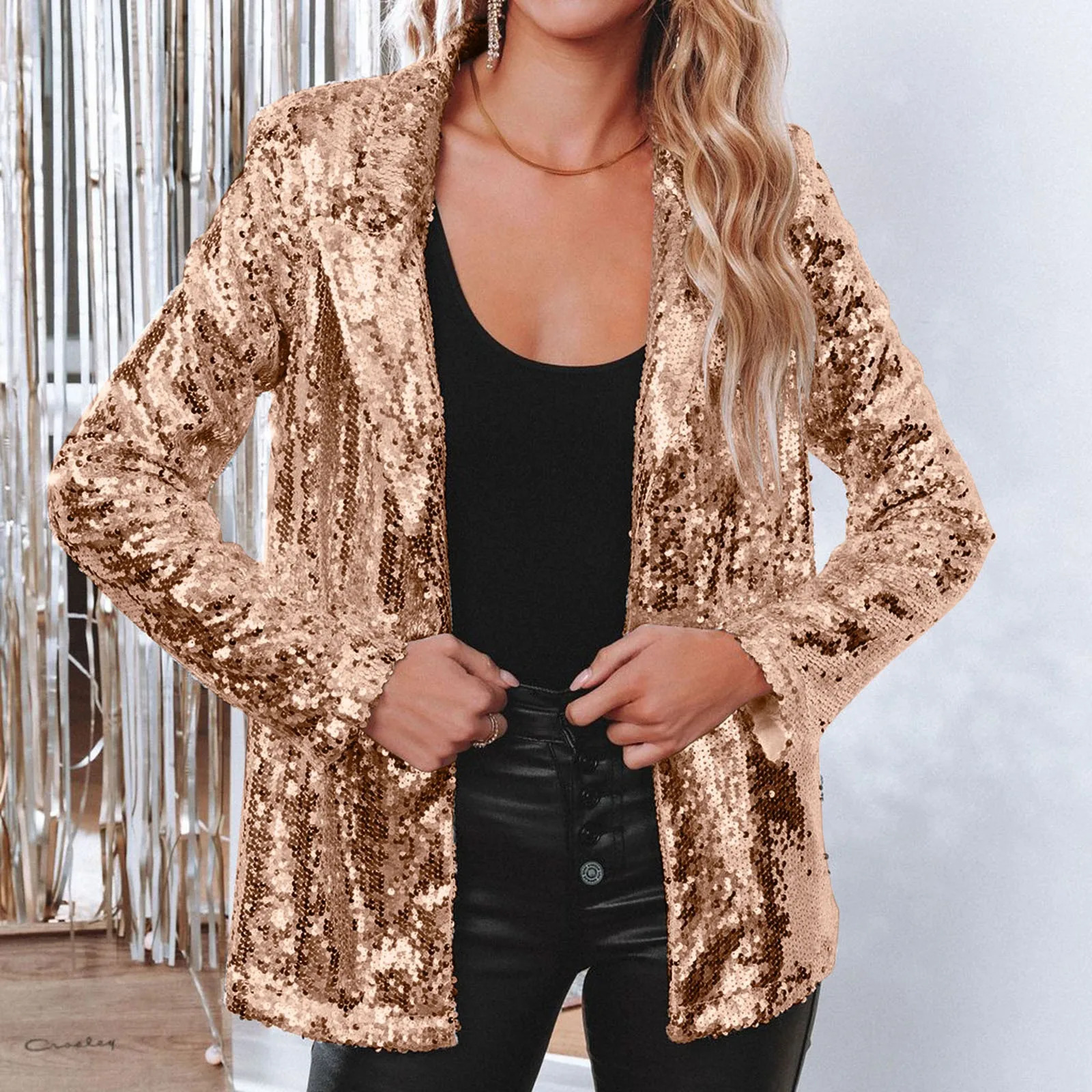 Women Elegant Sequins Suit Jackets Long Sleeve Glitter Party Shiny Lapel Coat Rave Outerwear Club Wear Blazers Jacket 250211