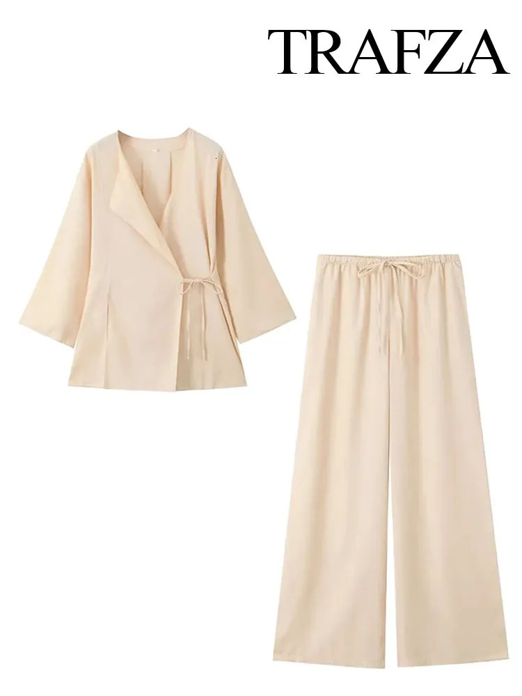 TRAFZA Spring Linen Suits For Women Fashion Linen Brown Cardigan Kimono Top Lace Up Wild Casual Womens Wide Leg Pant 250210