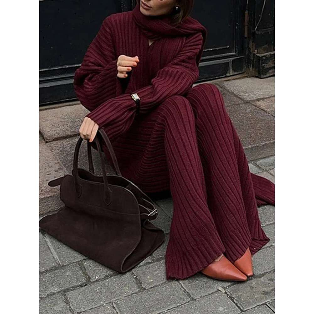 Elegant Knited Three-Piece Set Women's V-Neck Long Sleeves Sweater With High Waist Casual Pants 2025 New Clothing
