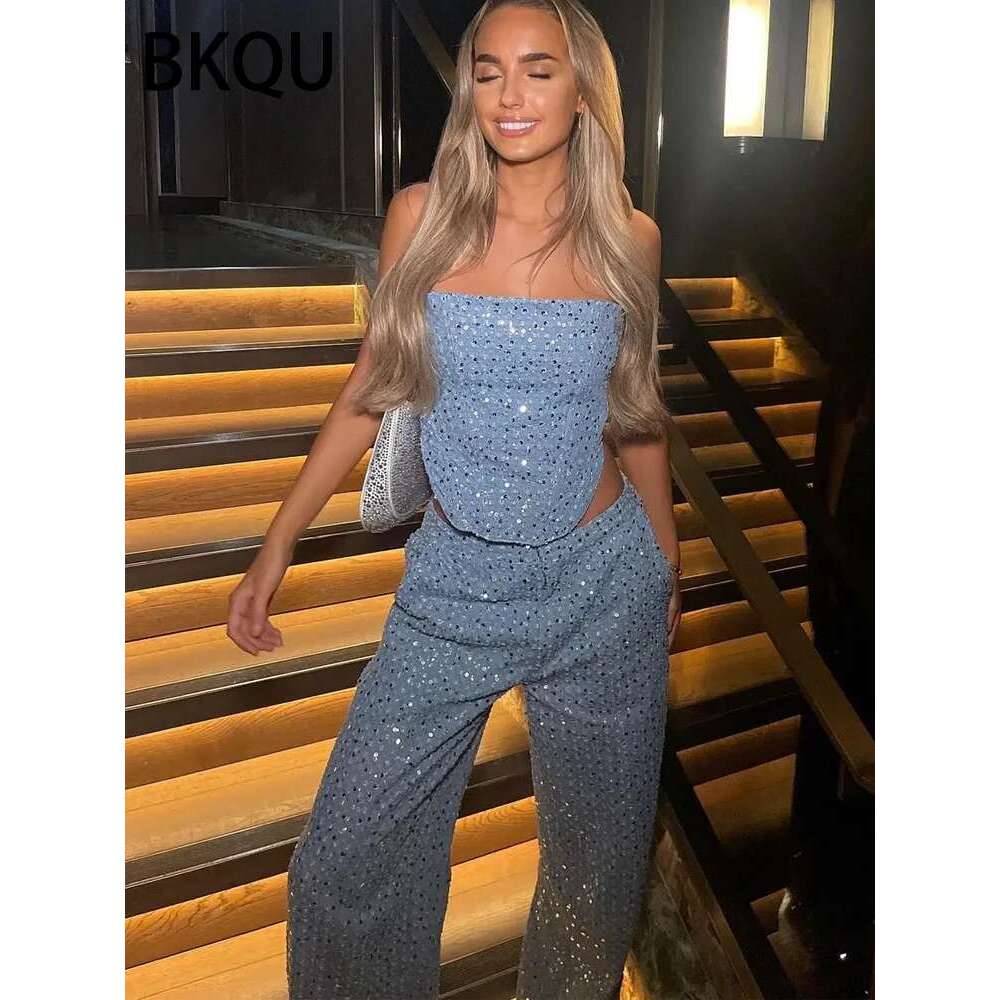 BKQU Fashion Sequins 2 Piece Set Women Sexy Strapless Tank Tops and Loose Long Pants Female Party Club Chic Outfits