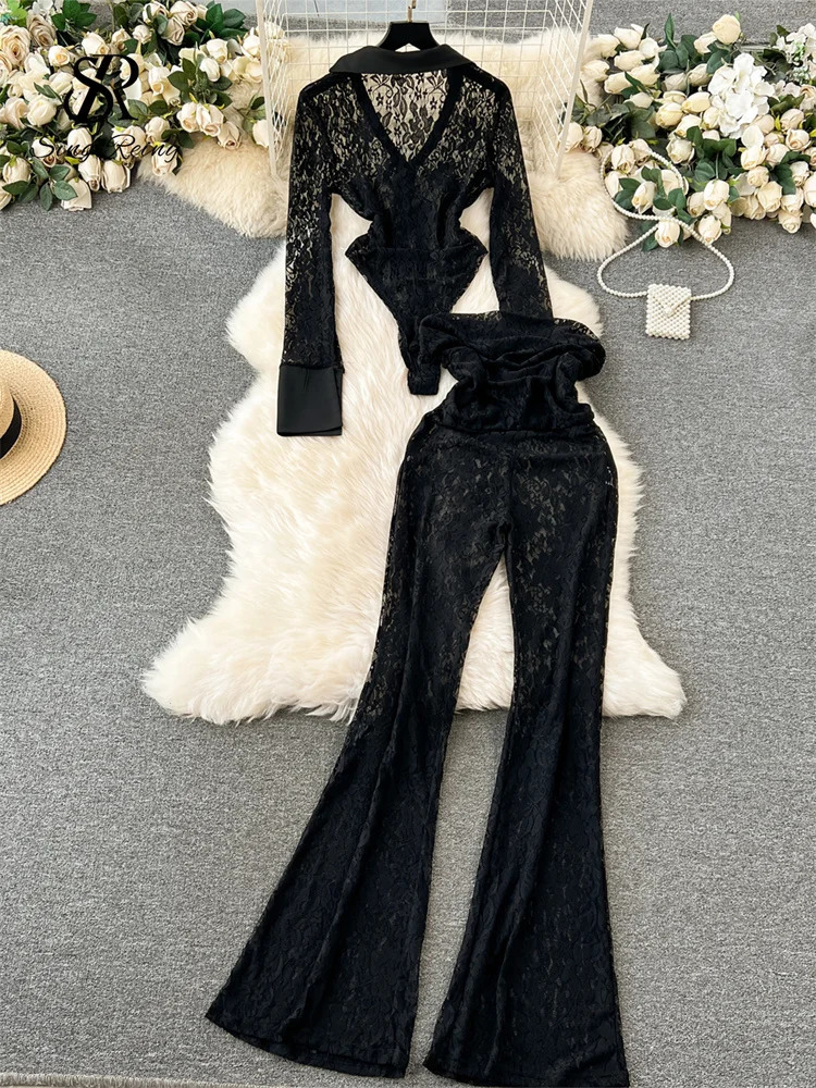 SINGREINY Fashion Lace Sheer Two Pieces Sets Women Lapel Long Sleeves Slim BodysuitsElastic Long Pants Ladies Sexy Sets 250210