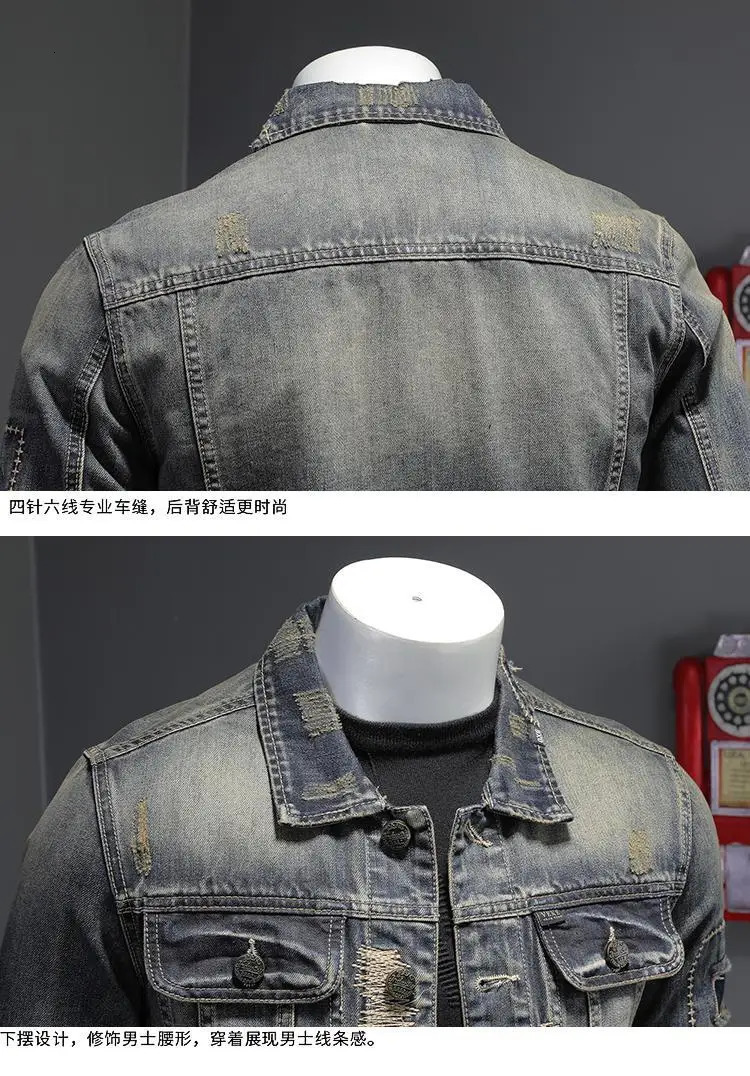 mens denim jacket retro trend loose casual handsome streetwear high street fashion hole Slim lapel w250210
