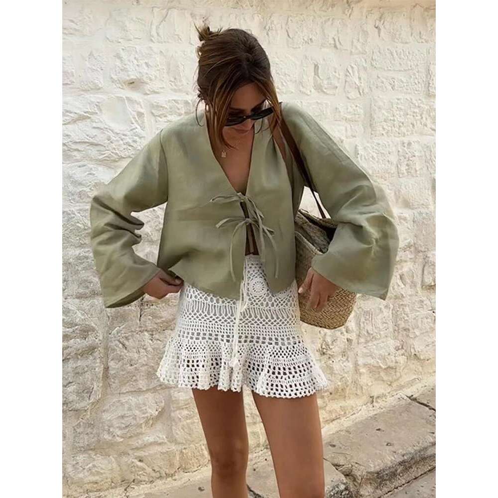 Cotton En Lace Up Bow Shirts Women Loose Hollow Out V Neck Long Sleeve Tops Female 2025 Spring New Lady Streetwear Top