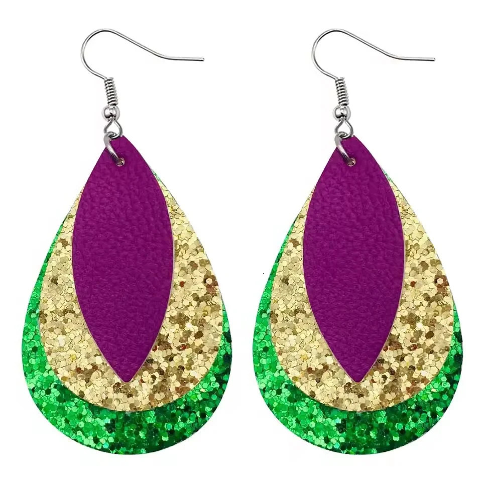 5pairs Faux PU Leather Earrings Carnival Fashipn Purple Green Gold Color Water Drop Jewelry Wholesale 250213