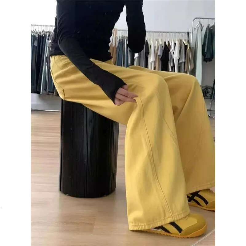 Yellow Womens Jeans High Waist Vintage Classic Pockets Straight Baggy Pants Street American Style Wide Leg Denim Trouser