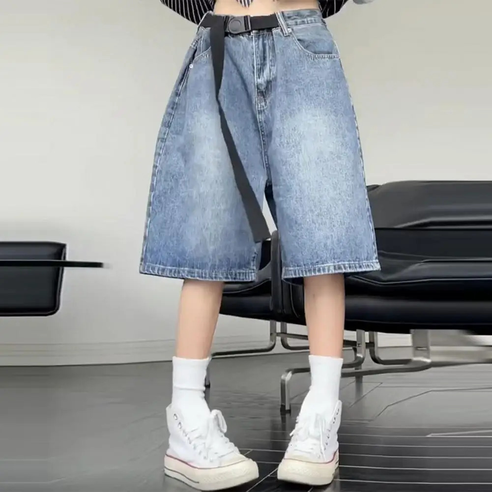 Retro Womens Denim Shorts with Belt Wide Leg Straight Loose Knee Length Hip Hop High Waist Gradient Color Shorts Jeans 250210