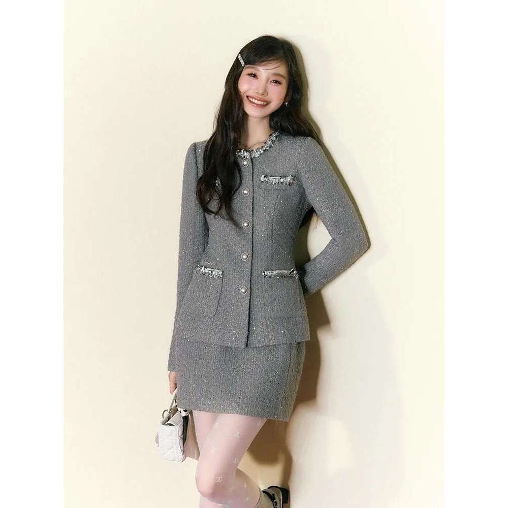 Original Design Beaded Fitted Tweed Jacket Skirt Autumn And Winter Women Female Two-Piece Set High Quality Fashion