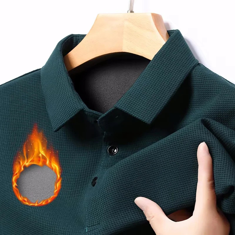 Waffle Fleece Thicken Fashion Polo Shirt Men Winter Warm Plush Business TShirt Tops Casual Button Lapel Long Sleeve Shirts 250213