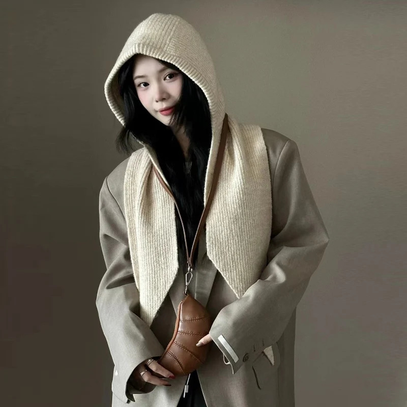 2025 est Knitted Balaclava Autumn Winter Solid Color Warm Beanie Shawl Earmuffs Hat Versatile Wool Hat For Women250214