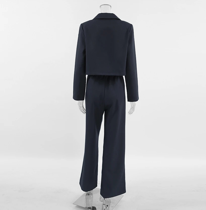 Black Collar Long Sleeved Short Suit Casual Loose High Waisted Elastic Band Long Pants Classic Professional Suit for Women 250210