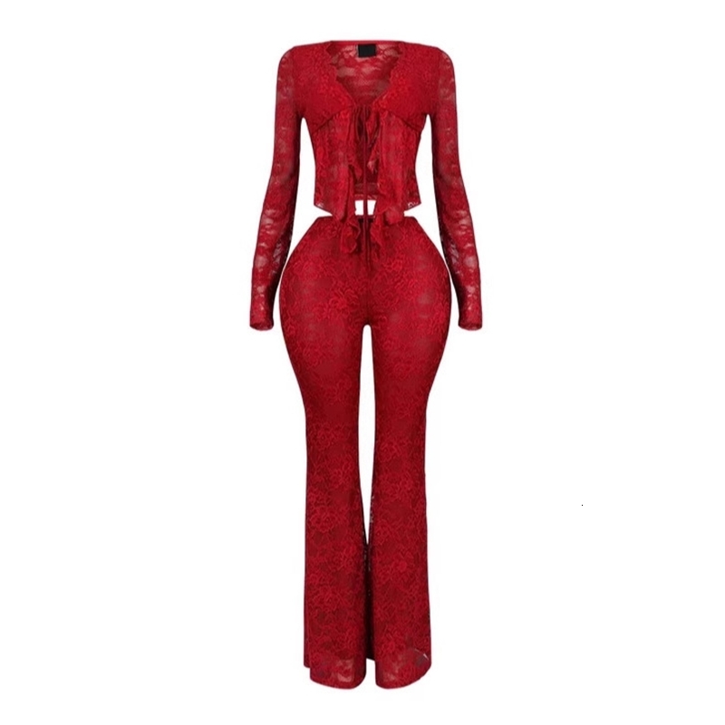 Women Tracksuits Two Pieces Set 2025 New Spring Summer Sexy Lace Up Hollow Cardigan Long Sleeved Lace Shirt Lace Pants