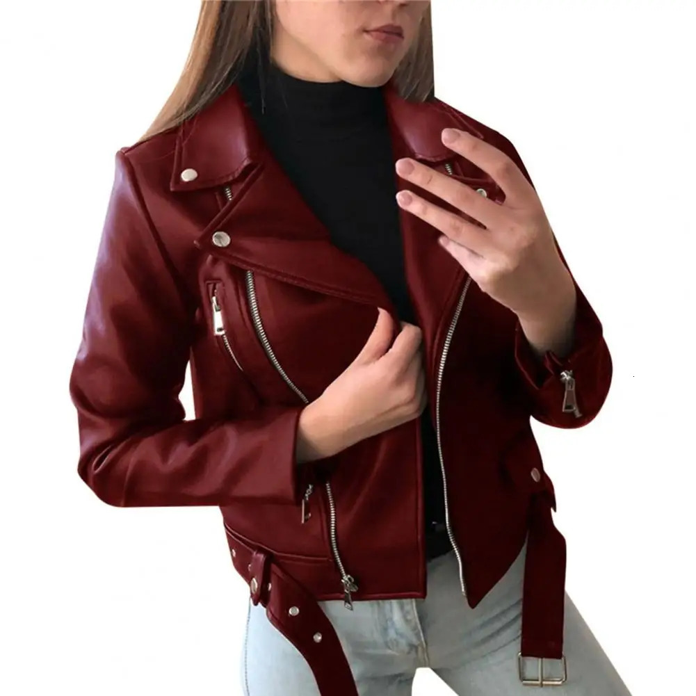 Solid Color Lady Faux Leather Jacket Autumn Winter biker Women Waterproof Coat veste femme 250211