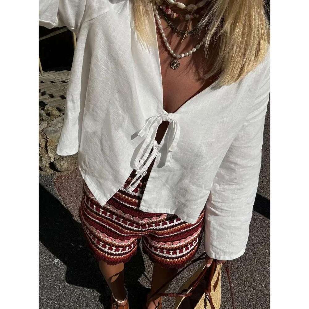 Cotton En Lace Up Bow Shirts Women Loose Hollow Out V Neck Long Sleeve Tops Female 2025 Spring New Lady Streetwear Top