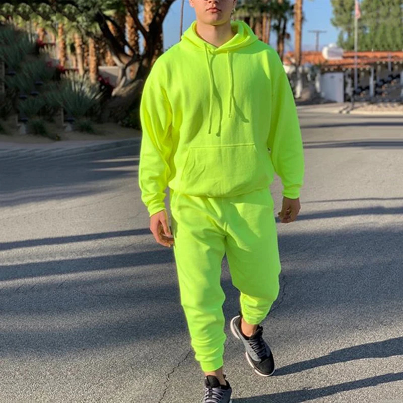 Neon Green Style Mens Fashion Tracksuit Solid 2 Pieces Long Sleeve HoodyLoose Swearpants Casual Sportsuit Men 2024 est OMSJ 250120
