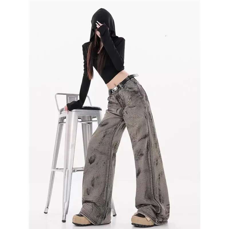 Grey Jeans Women Y2k Vintage High Waisted Straight Trouser American Streetwear Loose Girl Wide Leg Classic Denim Pants