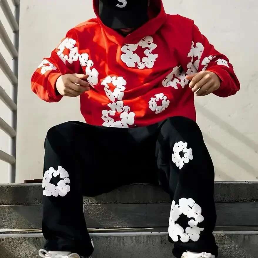 Fashion Quality New Men's Women's Same Kapok Foam Printing Hooded Long-sleeved Sweater Loose Fleece Sweatpants Set