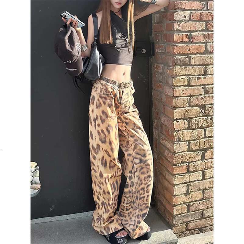 Jeans Women Leopard Print Vintage High Waisted Straight Trouser Y2k 90S American Streetwear Wide Leg Classic Denim Pants