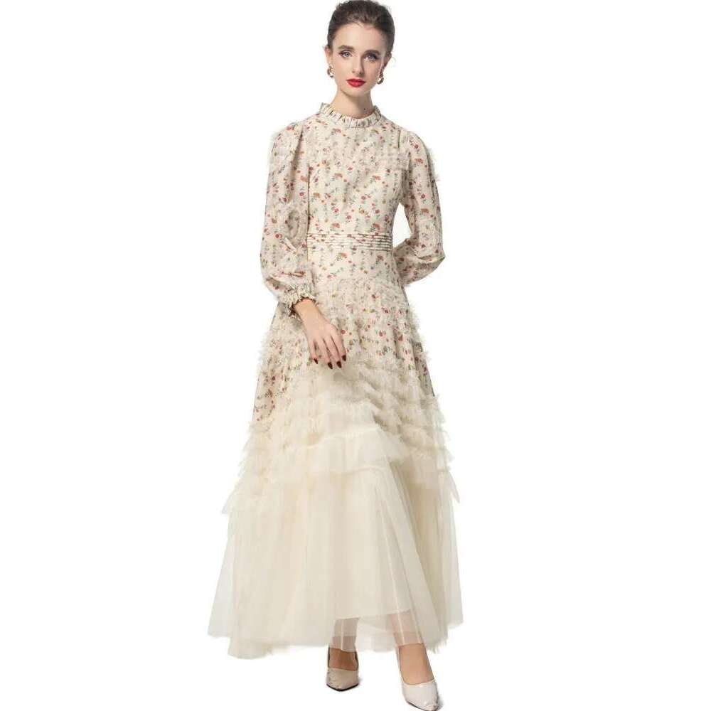 Elegant Women's Printing Lace Design Dresses Round Neck High Waist Long Sleeve Evening Dress Spring 2025 New