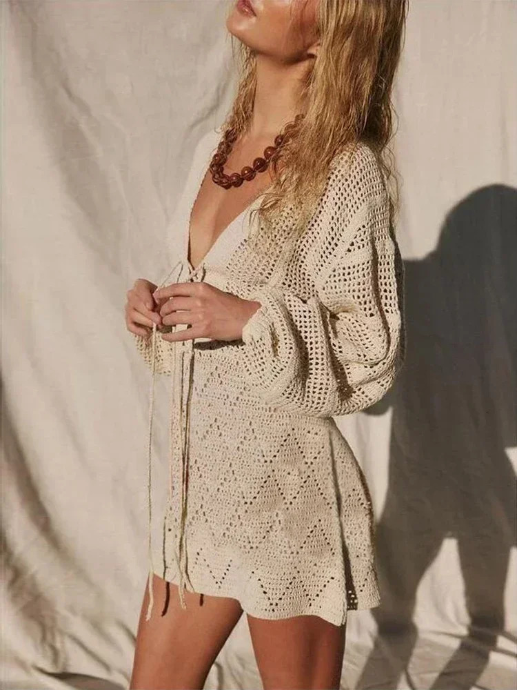 Sexy Deep Vneck Laceup Bell Sleeve Knit Mesh Hollow Out Beach Mini Dress Summer Swimsuit Cover Up Women Casual Tunic K14 250214