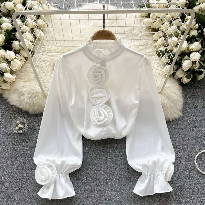 Half High Neck Stereo wer Design Sense Women Clothing Shirts Light Vintage Puff Sleeve Blouses Single-breasted Blusas