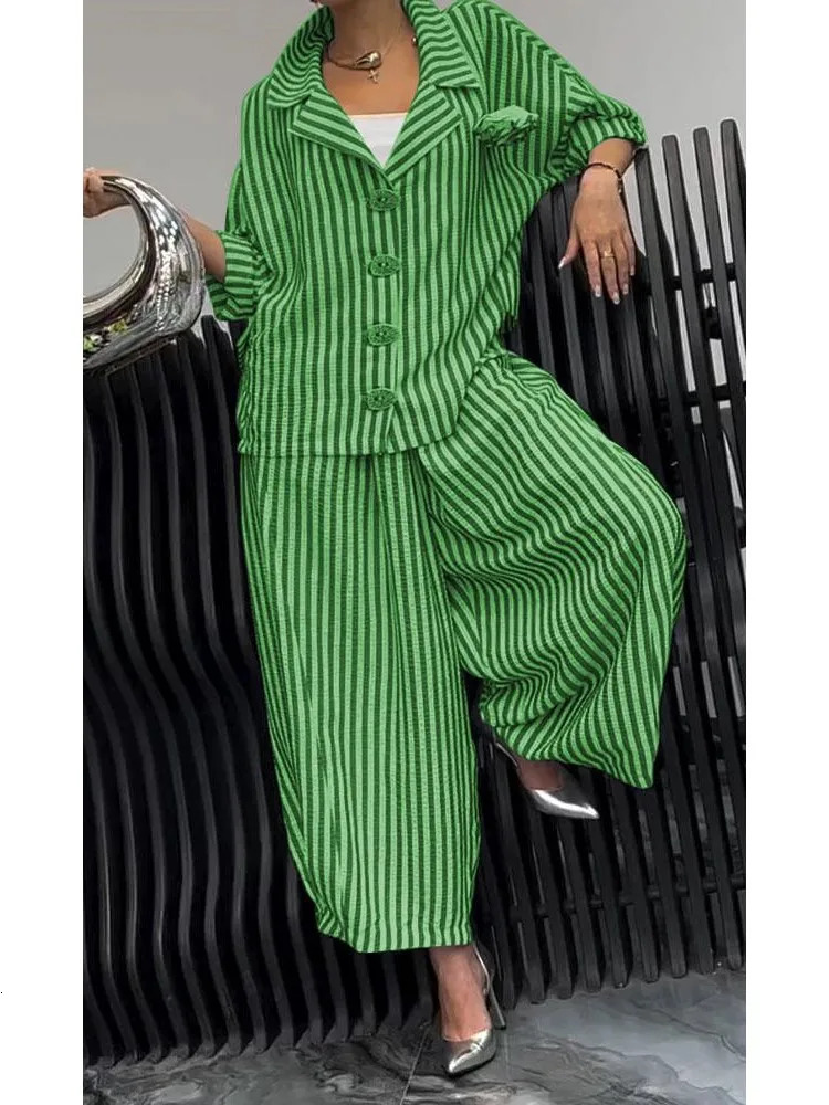 Women Fashion Lapel Wide Leg Pants Loose Sets Spring Autumn Stripe Print 2PCS Casual Suits Office Simple Outfites 250210