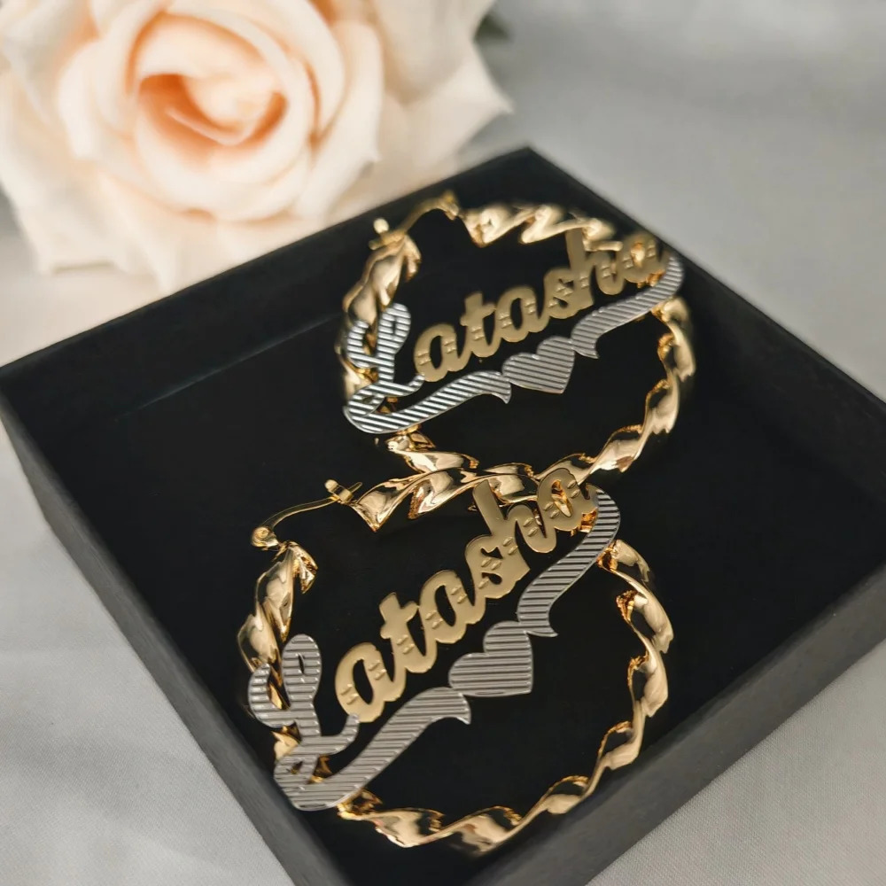 LeeChee Two Color 3D Custom Letter Name 50mm Hoop Earloop Stainless Steel Earrings Jewelry Gift For Women 250214