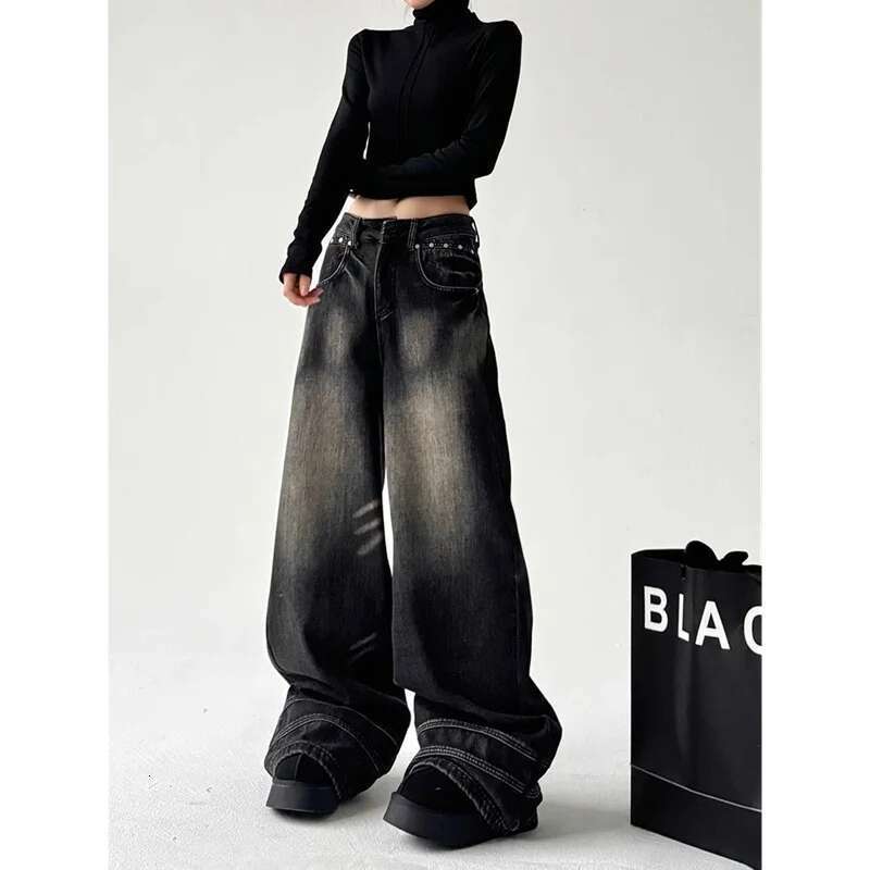 Black Womens Jeans High Waist Vintage Straight Baggy Pants Street 90S Y2k Design Sense Wide Leg Large Size Denim Trouser