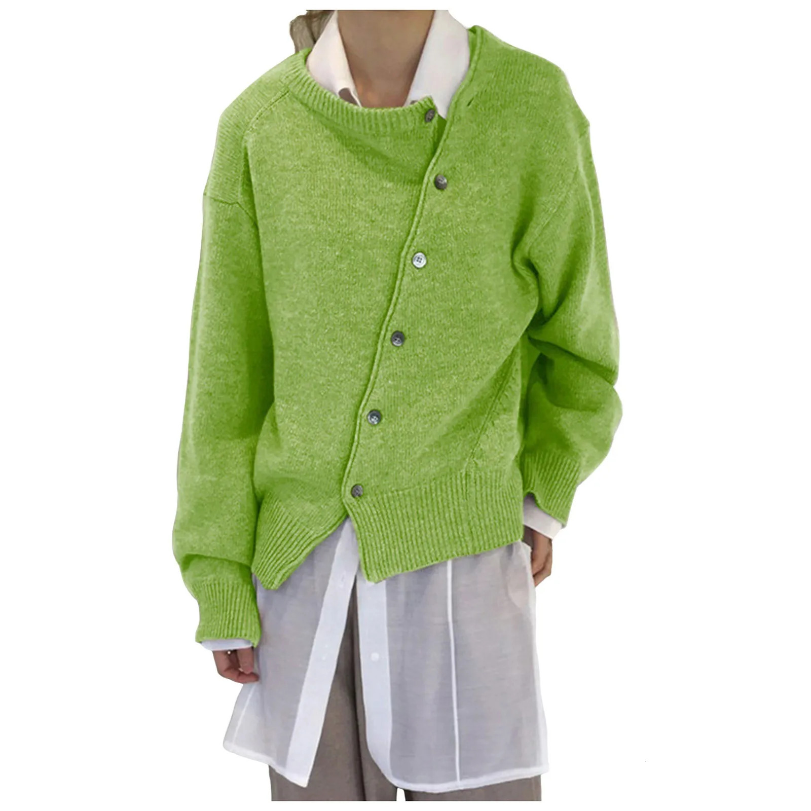 Women Chic Irregular Button Down Sweater Slouchy Front Hook Cardigan Autumn Winter Asymmetrical Knitwear Pullover Tops 250213