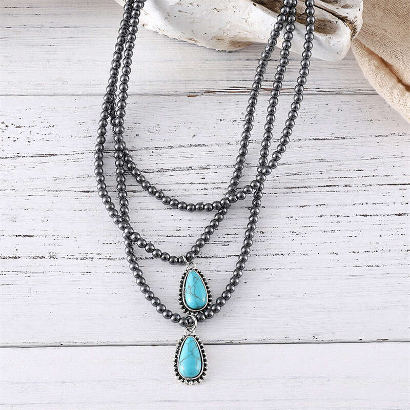 Bohemian ethnic style three-layer teardrop shaped turquoise black round bead necklace popular accessory