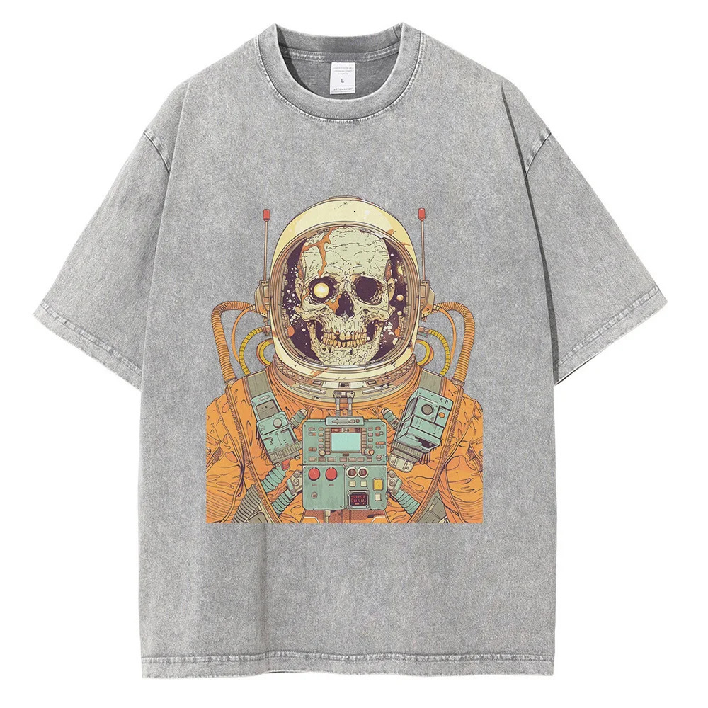 70s Astronaut Skull Graphic T-shirts Retro Sci-fi Painting Print Oversized T-shirt Distressed Cotton Mens Tops 250214