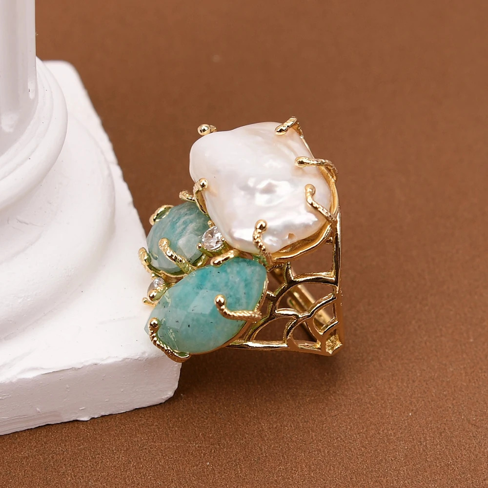 GG Natural White Keshi Pearl Green ite Stone Gold Color Plated Rings Adjustable Ring For Lady 250214