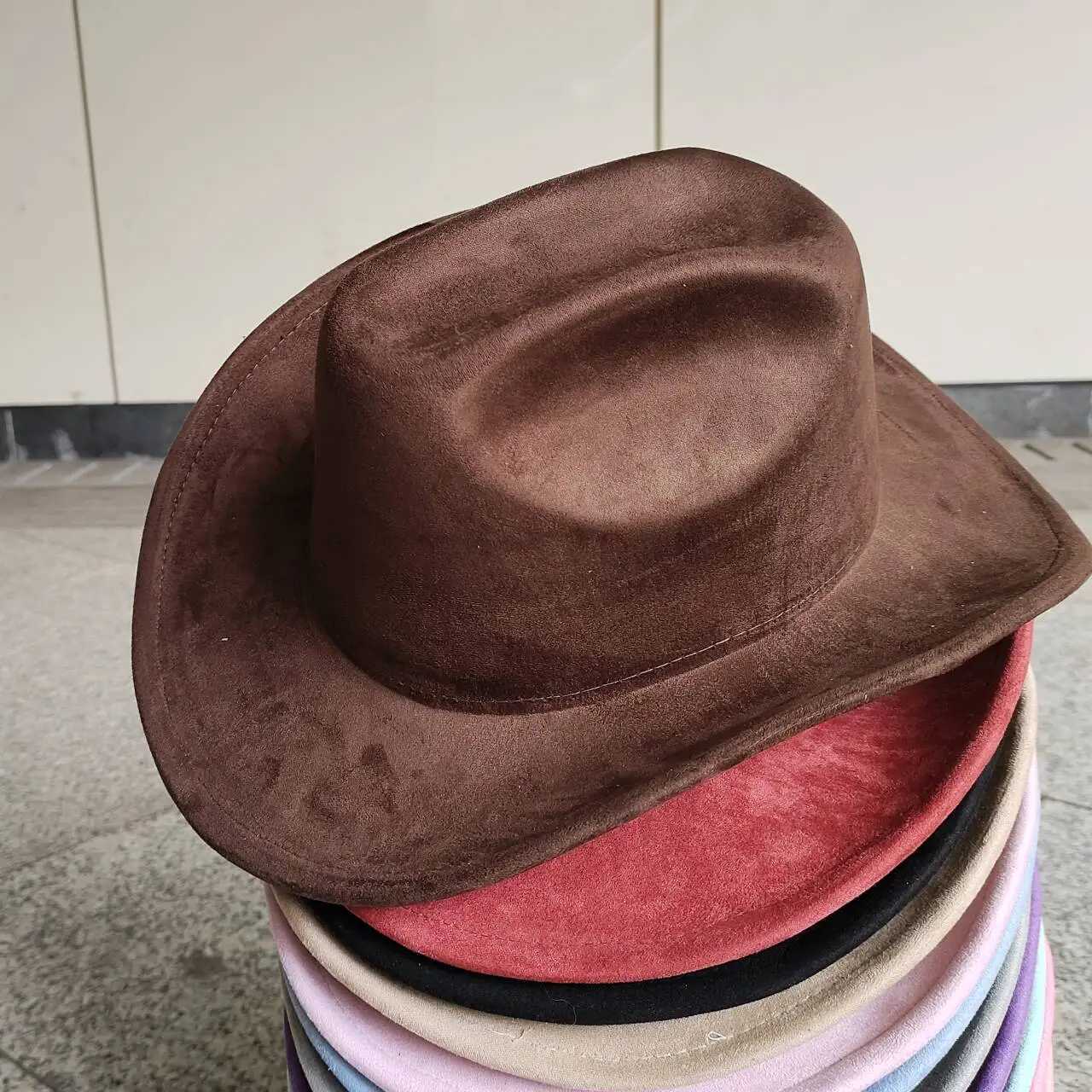 Suede cowboy hat men and women curly brown western cowboy hat solid color classic hat wholesale cowboy hat W250217