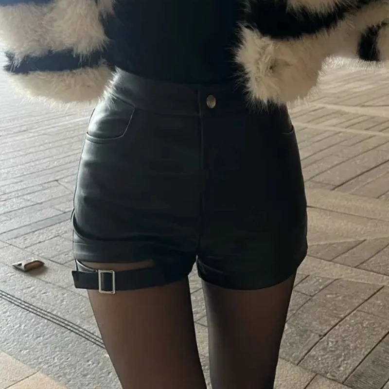 Womens High Waist Shorts Waisted PU Leather Versatile Hollow out Buckle Slim Sexy 250213