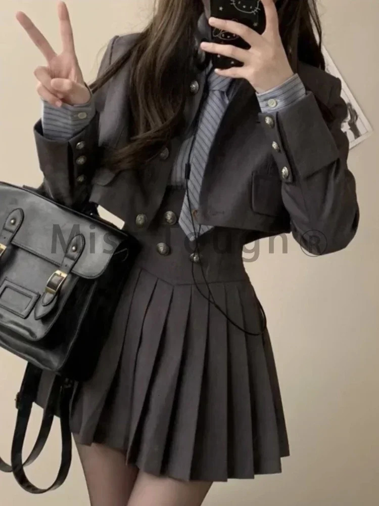 Winter Vintage 3 Piece Set Women Patchwork Kawaii Skirt Suit Female Korean Fashion Short CoatPleated SkirtStriped Shirt 250210