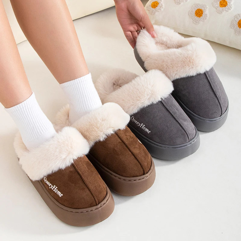 Queeyhome Winter Women Flat-Bottomed Plush Commute Solid Color Versatile Cotton Slippers Warm Cozy Indoor-Outdoor Man Shoes 250213