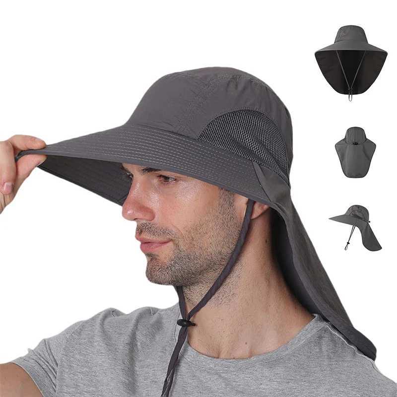 Outdoor waterproof fishermans hat wide conical bucket cap with neck cover womens summer quick drying breathable mesh sunshade hat W250217