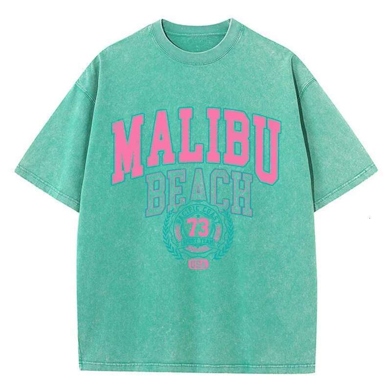 Malibu Beach Washed Designer T Shirt Women's Fashionable Letter Printed Cotton T-shirts Comfortable Round Neck Top Casual Oversized Tshirt Women&