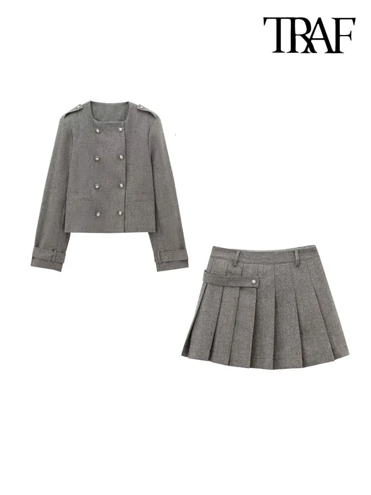 TRAF Women Fashion With Buttons Jacket Coat And Mid Waist Side Zipper Pleated Skirts Female Two Piece Sets Mujer 250214