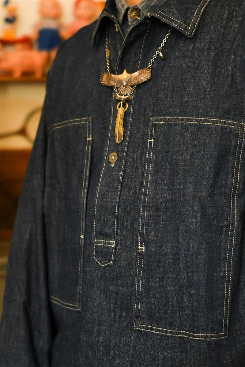 1920s Vintage US Army Spring Summer Blue Denim Work Uniforms Loose Pullover Shirt Jacket 250210